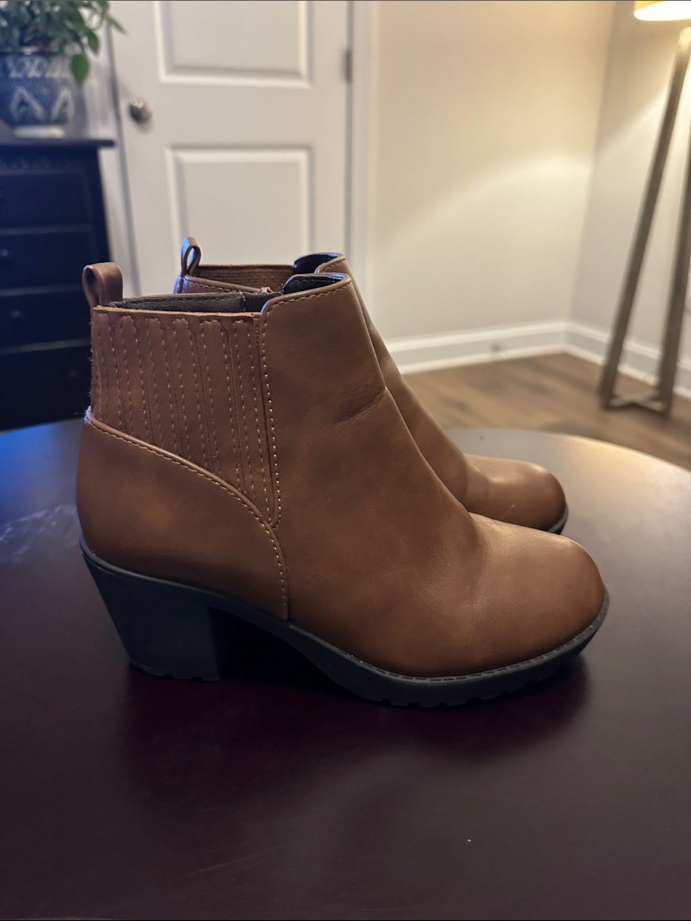 Kids Tan Ankle Chelsea Boots with Block Heel